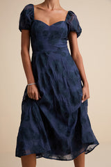Sweetest Behavior Navy Embroidered Puff Sleeve Midi Dress