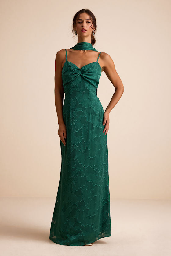 Rashona Emerald Green Burnout Sash Scarf Maxi Dress