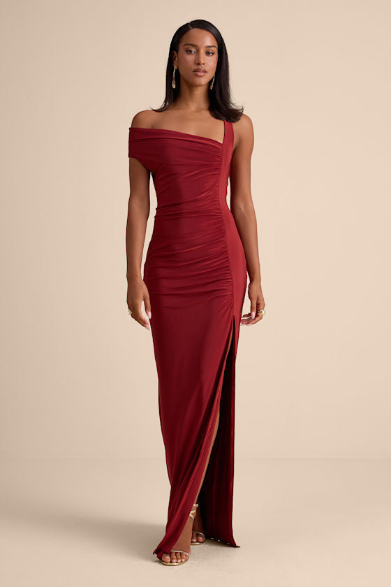 Josie Rust Red Jersey Knit Ruched Maxi Dress