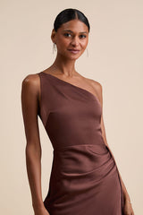 Signature Elegance Chocolate Brown Satin One-Shoulder Maxi Dress