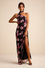 Leighna Plum and Pink Floral One-Shoulder Scarf Maxi Dress
