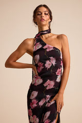 Leighna Plum and Pink Floral One-Shoulder Scarf Maxi Dress