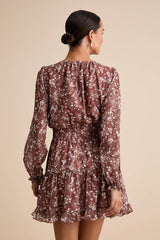 Too Cute Brown Floral Print Smocked Long Sleeve Mini Dress