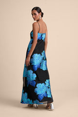 Yavanna Black and Blue Floral Jacquard Shift Maxi Dress
