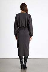 Eunia Charcoal Grey Jersey Knit Long Sleeve Wrap Midi Dress