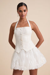Ottoline Ivory Mixed-Media Bubble-Hem Halter Mini Dress