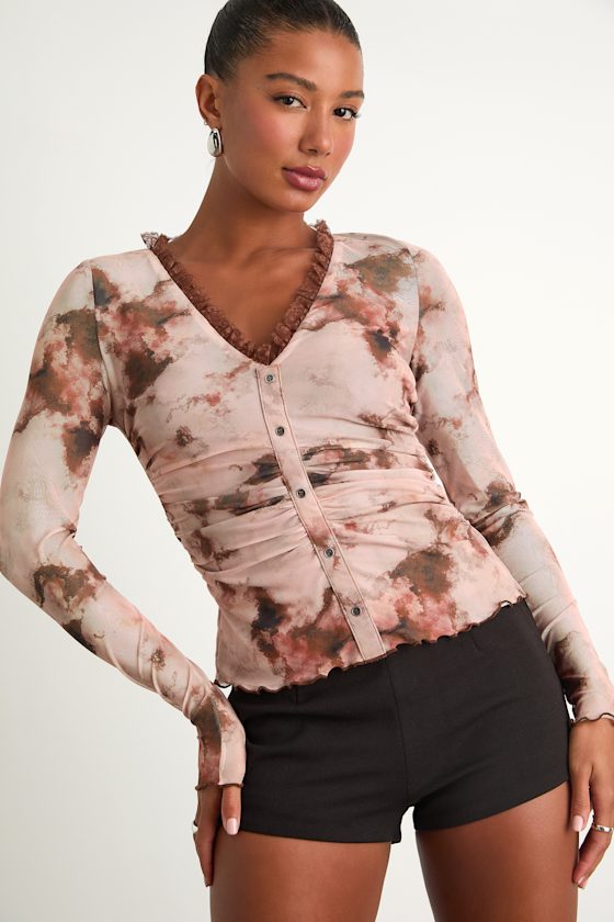 Taysa Mauve Abstract Mesh Ruffled Long Sleeve Top