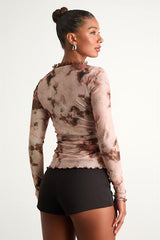 Taysa Mauve Abstract Mesh Ruffled Long Sleeve Top