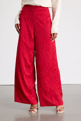 Daphne Red Satin Jacquard Wide-Leg Pants