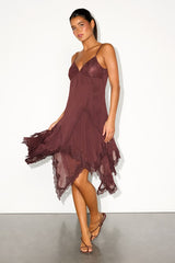Evelora Plum Lace Chiffon Handkerchief Midi Dress