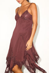 Evelora Plum Lace Chiffon Handkerchief Midi Dress