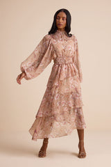 Wexler Peach Floral Tiered Mock Neck Long Sleeve Maxi Dress