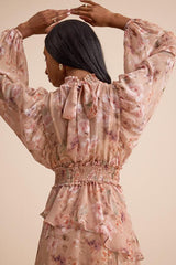 Wexler Peach Floral Tiered Mock Neck Long Sleeve Maxi Dress