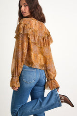Azlynn Golden Yellow Boho Print Ruffled Tie-Front Top