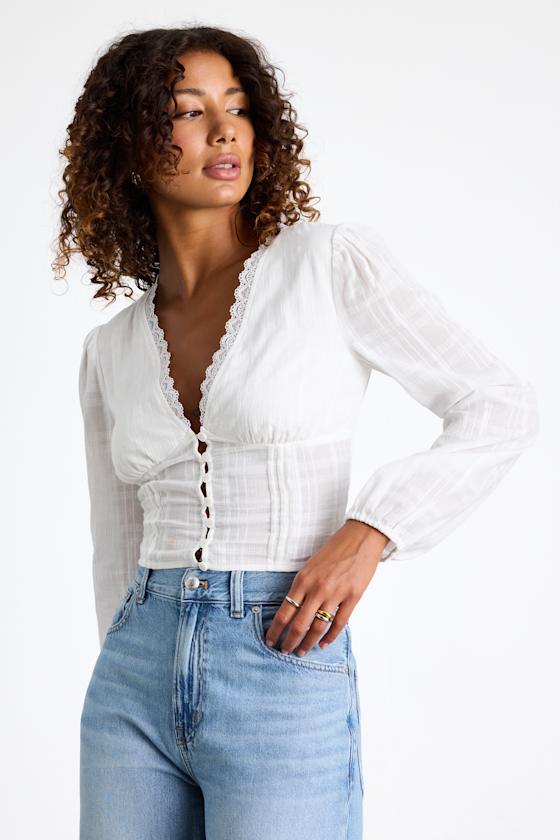Keyra Ivory Button-Front Balloon Sleeve Crop Top