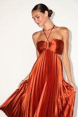 Aerin Rust Satin Pleated Cutout Midi Dress