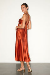 Aerin Rust Satin Pleated Cutout Midi Dress