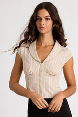 Alexis Beige Striped Collared Button-Up Top