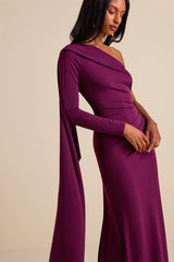 Maru Plum Purple Long Sleeve One-Shoulder Sash Maxi Dress