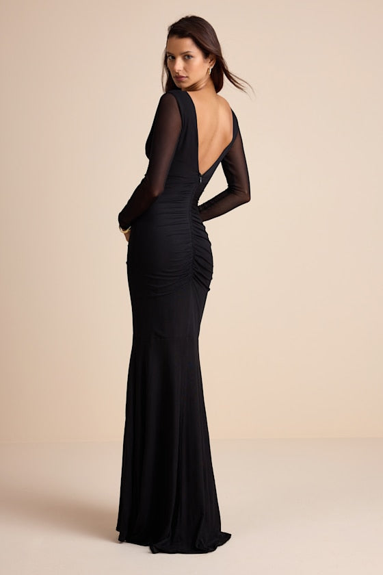Georgina Black Jersey Knit Ruched Mermaid Maxi Dress