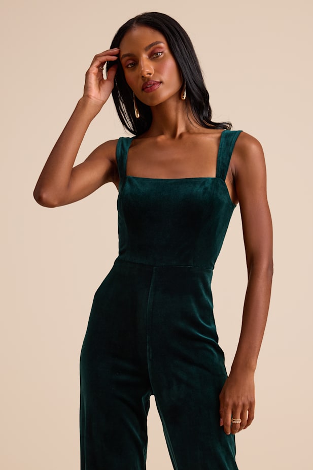 Sayana Emerald Velvet Sleeveless Straight Leg Jumpsuit