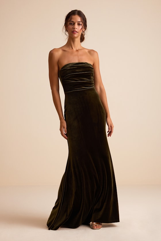 Maren Olive Velvet Strapless Mermaid Maxi Dress
