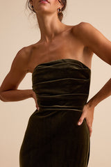 Maren Olive Velvet Strapless Mermaid Maxi Dress