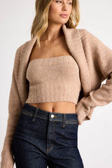 Almaya Tan Marled Knit Crop Top and Cardigan Sweater Set