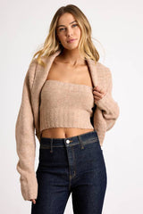 Almaya Tan Marled Knit Crop Top and Cardigan Sweater Set