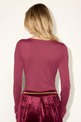 Naiari Berry Red Slinky Knit Ruched Long Sleeve Bodysuit
