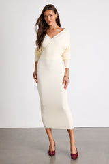 Bixby Ivory Ribbed Surplice Bodycon Sweater Midi Dress
