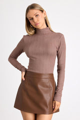 Idyllic Option Light Brown Pointelle Knit Mock Neck Sweater Top