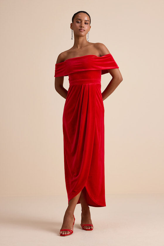 I'm Enchanted Red Velvet Off-the-Shoulder Maxi Dress