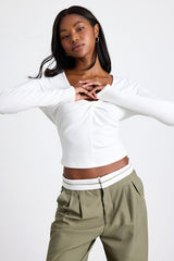 Firona Ivory Jersey Knit Twist-Front Long Sleeve Top