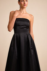 Indaya Black Satin Seamed Pleated Strapless Midi Dress
