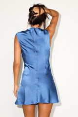 Astralyn Slate Blue Satin Sleeveless Mini Dress