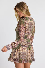 Ismini Beige Multi Patchwork Long Sleeve Mini Dress
