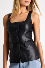 Lanzy Black Vegan Leather Button-Front Vest Top