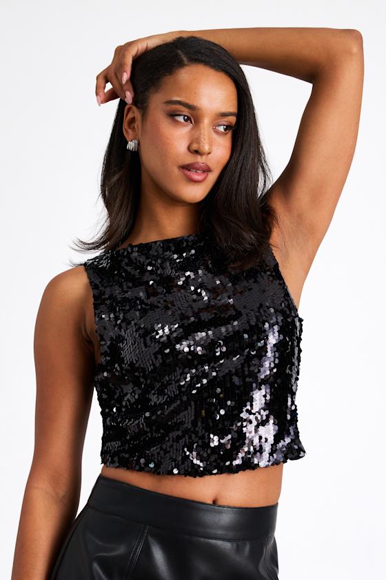 Chelia Shiny Black Sequin Cropped Tank Top