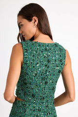 Namari Emerald Tweed Sequin Button-Front Crop Top