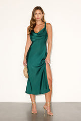 Alexandra Emerald Satin Cowl Neck Midi Dress
