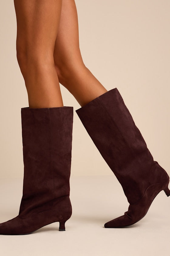 Alexandria Chocolate Suede Knee-High Kitten Heel Boots