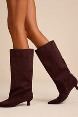 Alexandria Chocolate Suede Knee-High Kitten Heel Boots