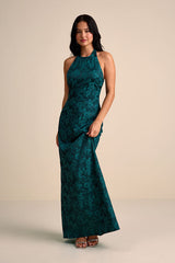 Alaria Emerald Satin Jacquard Halter Neck Maxi Dress