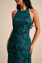 Alaria Emerald Satin Jacquard Halter Neck Maxi Dress