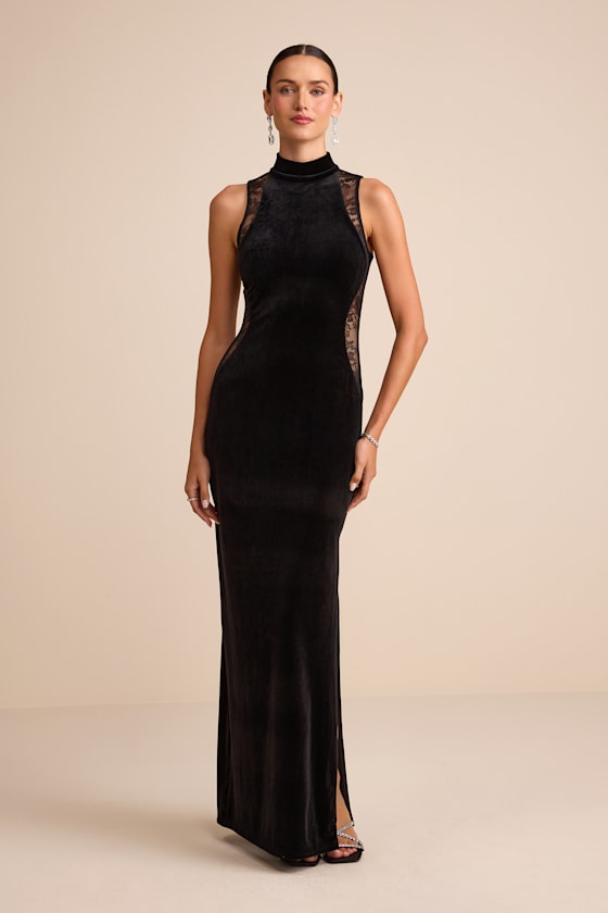Kemalie Black Velvet Lace Mock Neck Maxi Dress