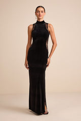 Kemalie Black Velvet Lace Mock Neck Maxi Dress