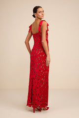 Ramsey Red Embroidered Tie-Strap Maxi Dress