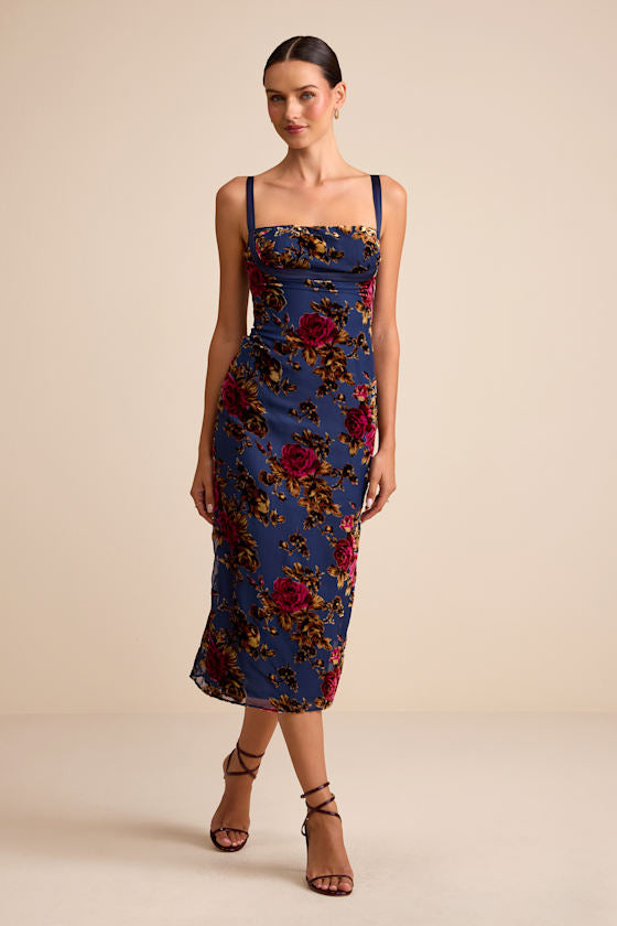 Tessa Navy Floral Velvet Burnout Column Midi Dress