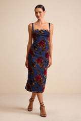 Tessa Navy Floral Velvet Burnout Column Midi Dress